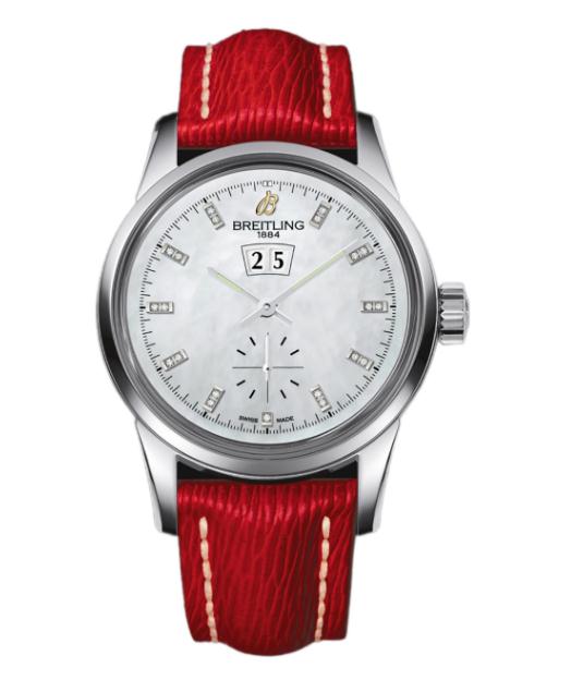 The 38 mm replica watches have red leather straps.