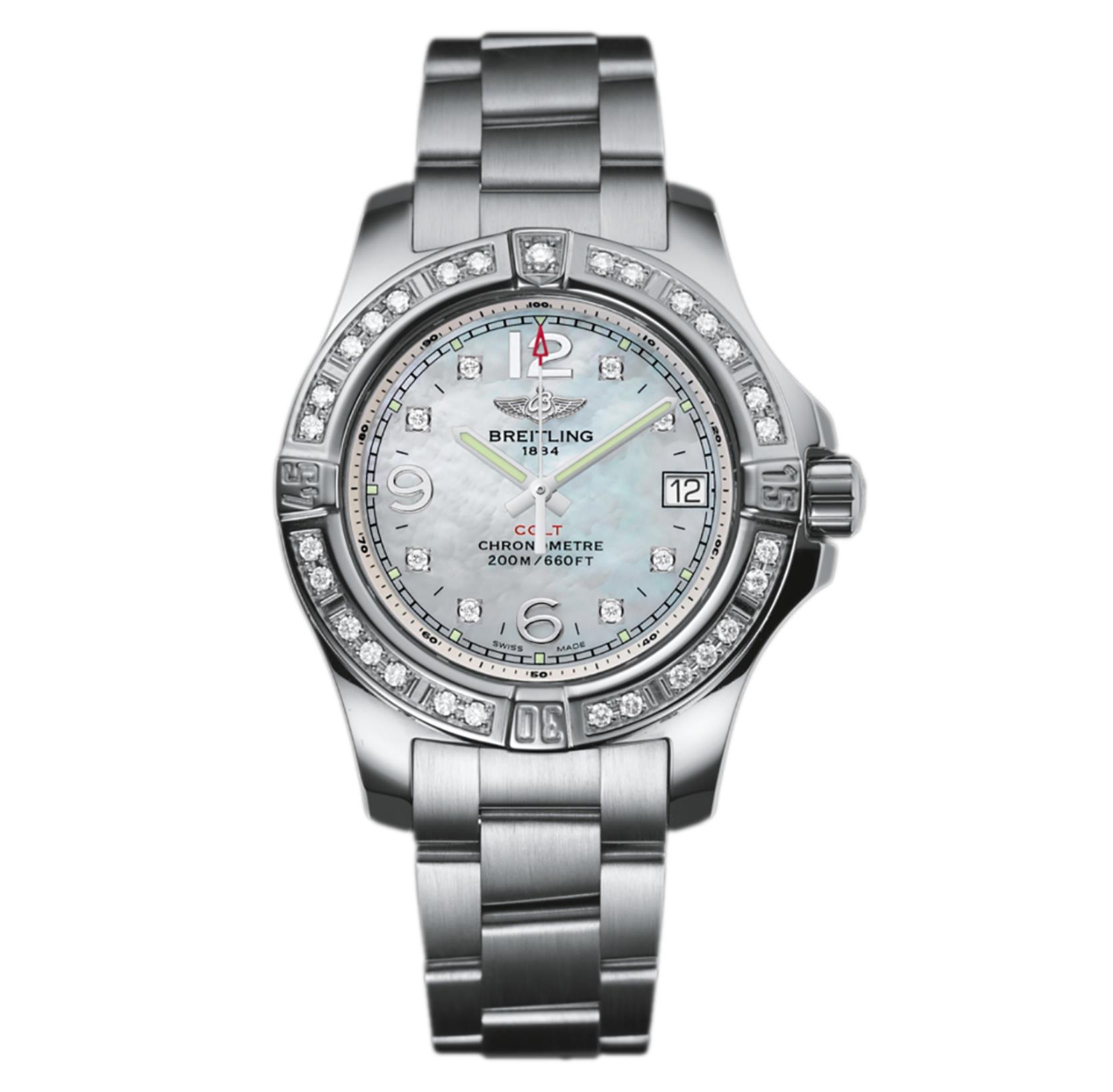 The stainless steel fake watch is decorated with diamonds.