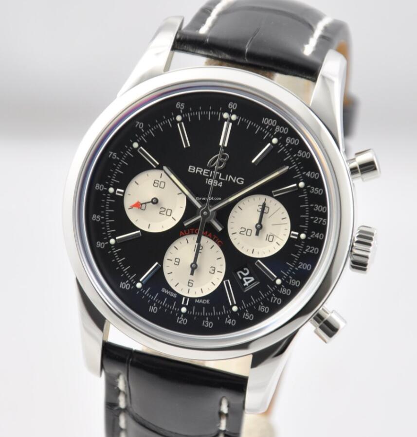 The black dial fake watch has a black strap.