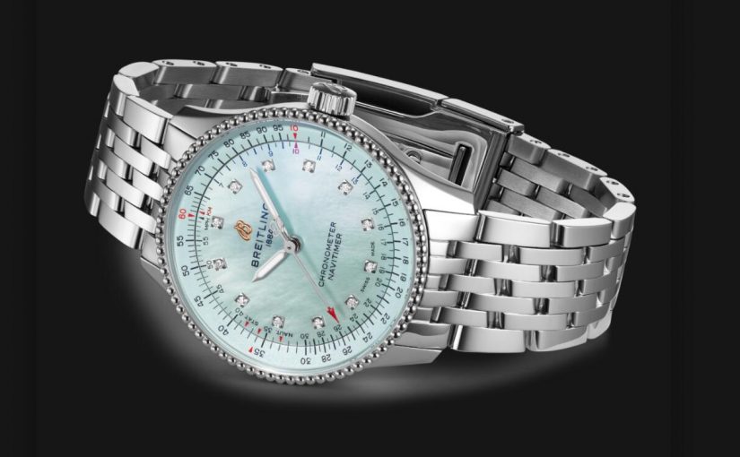 The 36mm replica watch has a light blue dial.