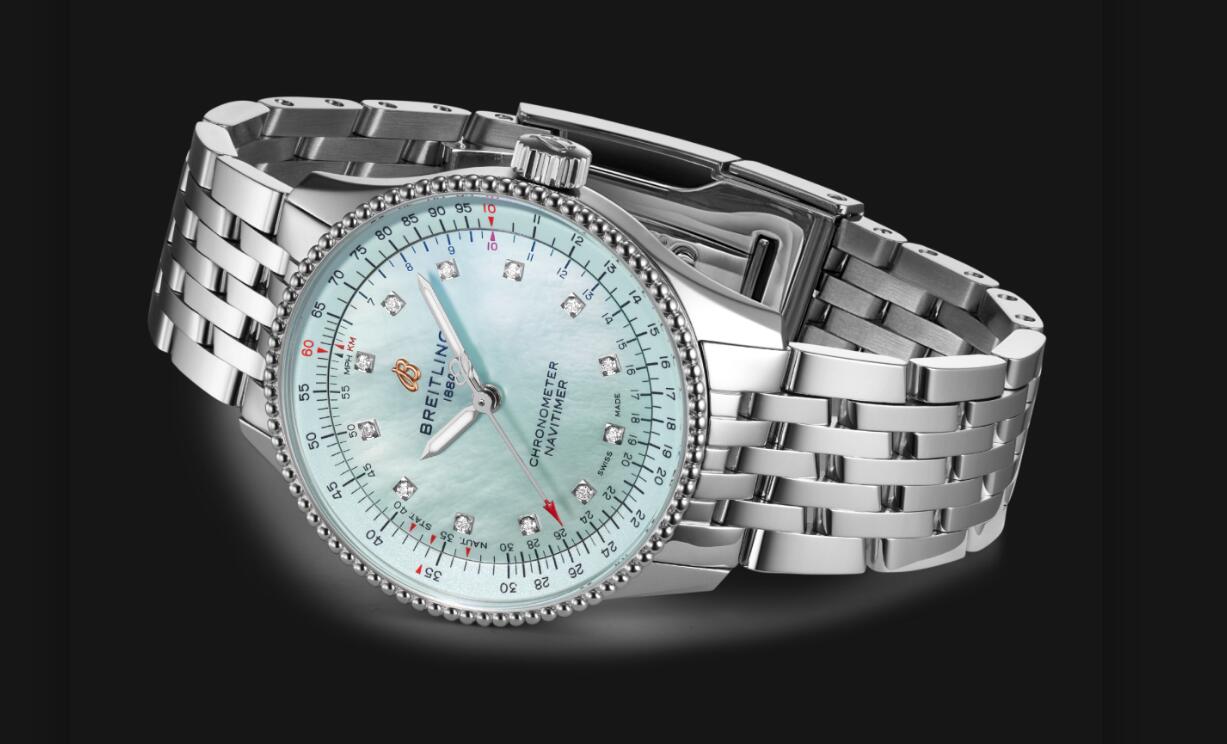 The 36mm replica watch has a light blue dial.